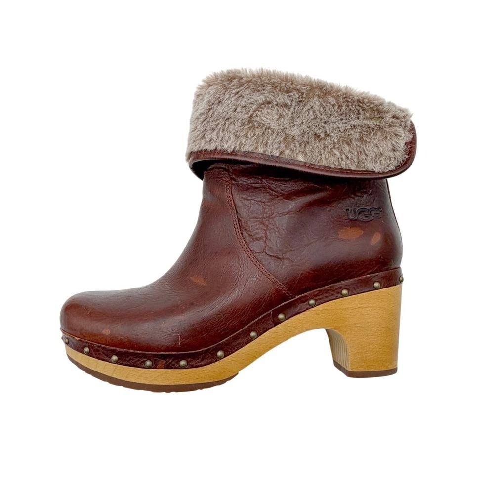 UGG Lynnea II Womens 9 Brown Leather Faux Fur Clog Boots Studded Y2K Boho